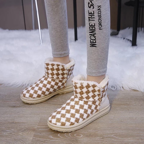 New Fashion Chessboard Plush Thickened Bottom Snow Boots